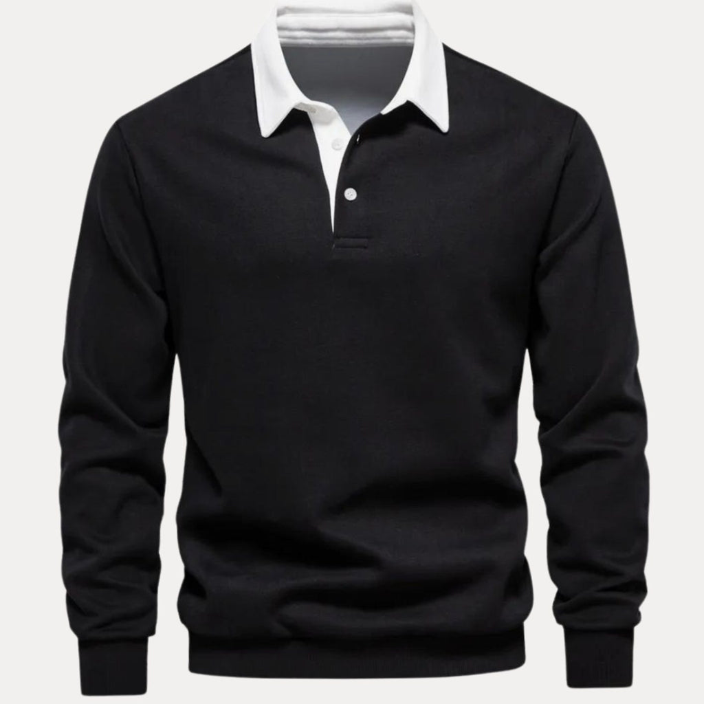 Men's Long Sleeve Polo Style Sweater Contrasting Collar - Black