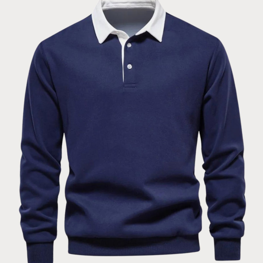 Men's Long Sleeve Polo Style Sweater Contrasting Collar - Navy