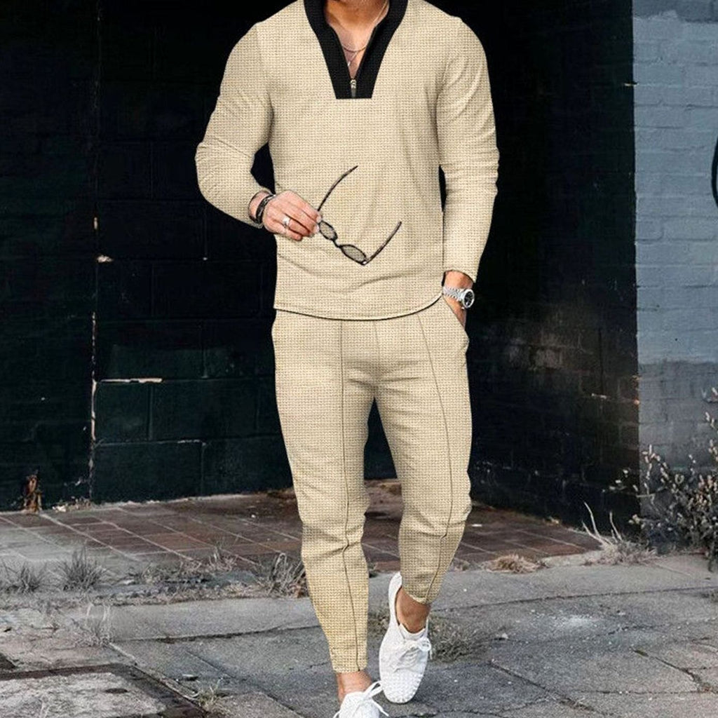 Men's Long-Sleeve Quarter-Zip Two Piece Outfit Matching Jogger Set - Khaki