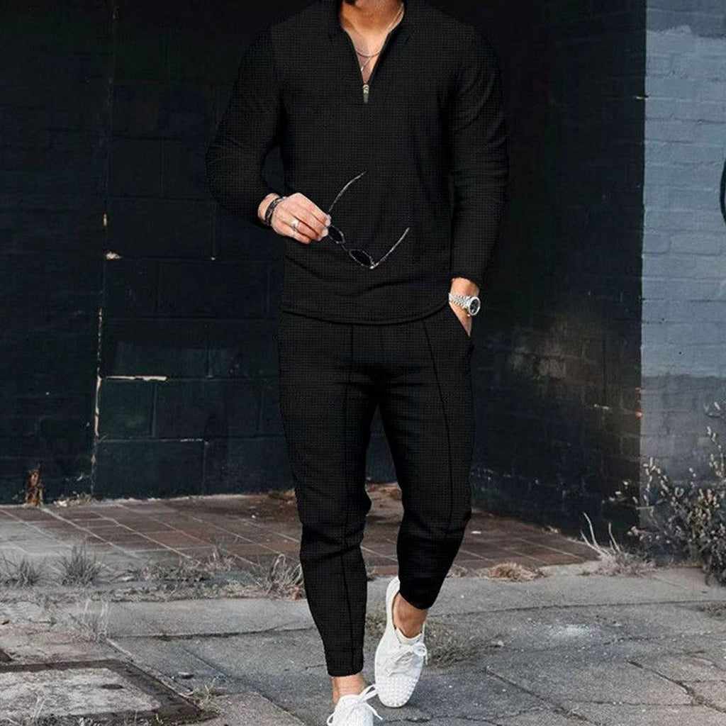 Men's Long-Sleeve Quarter-Zip Two Piece Outfit Matching Jogger Set - Black
