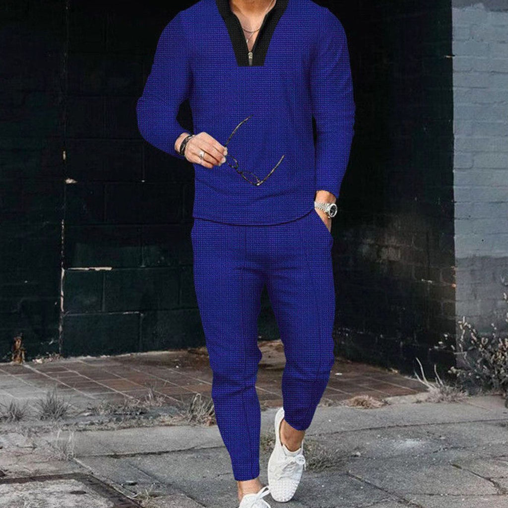 Men's Long-Sleeve Quarter-Zip Two Piece Outfit Matching Jogger Set - Blue