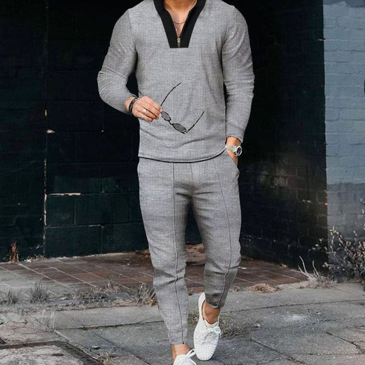 Men's Long-Sleeve Quarter-Zip Two Piece Outfit Matching Jogger Set - Grey