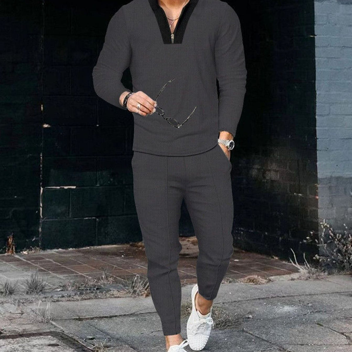 Men's Long-Sleeve Quarter-Zip Two Piece Outfit Matching Jogger Set - Dark Grey