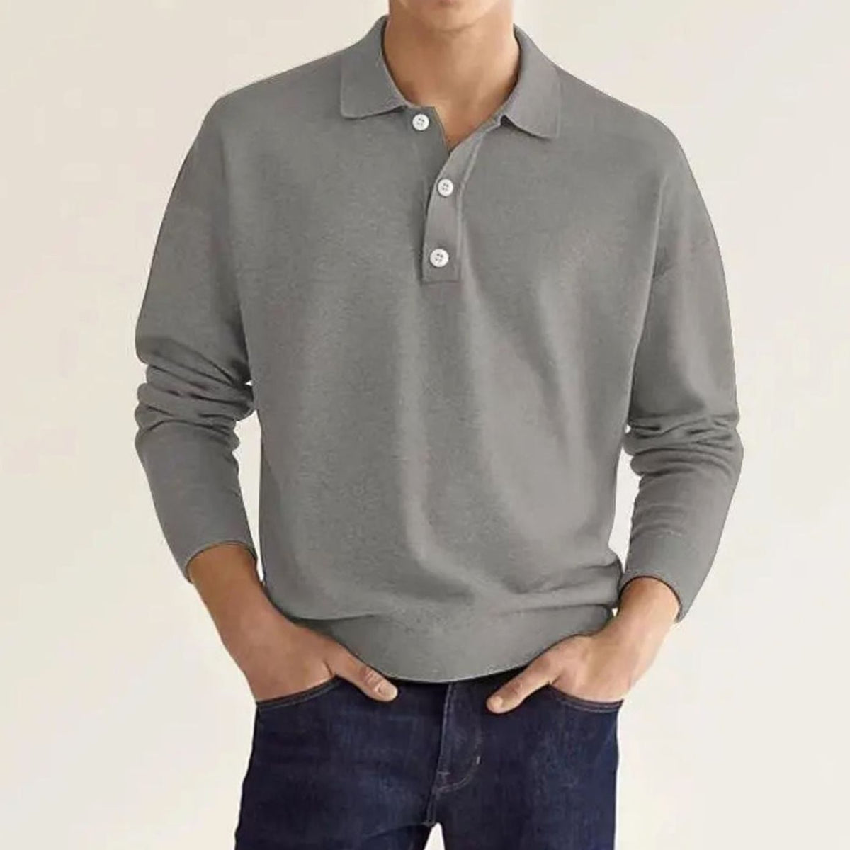 Men's Long Sleeve Relaxed-Fit Knit Polo Shirt - Gray