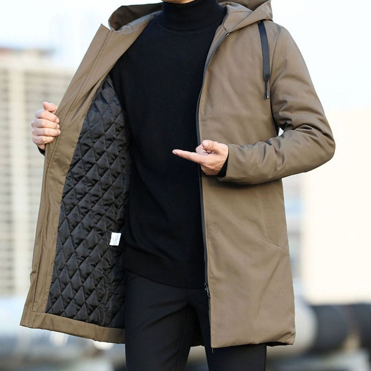 Men's Longline Quilted-Lining Hooded Winter Coat - Brown