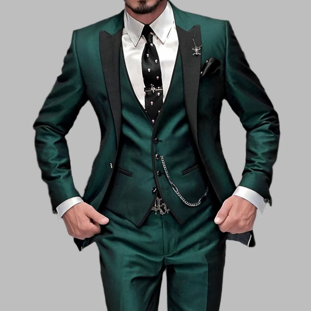 Men's Luxury Three-Piece Contrast-Lapel Formal Suit Set - Dark Green