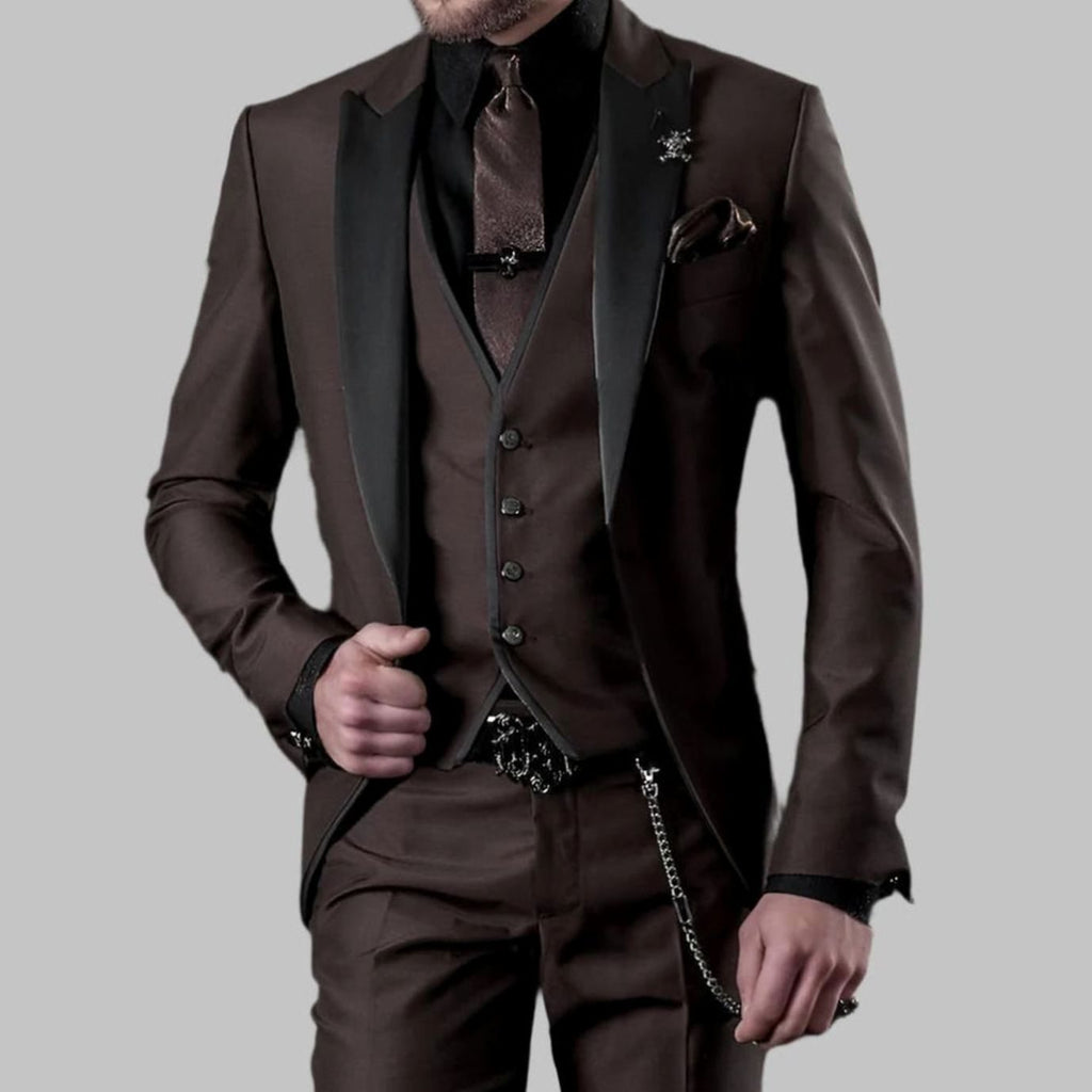 Men's Luxury Three-Piece Contrast-Lapel Formal Suit Set - Coffee
