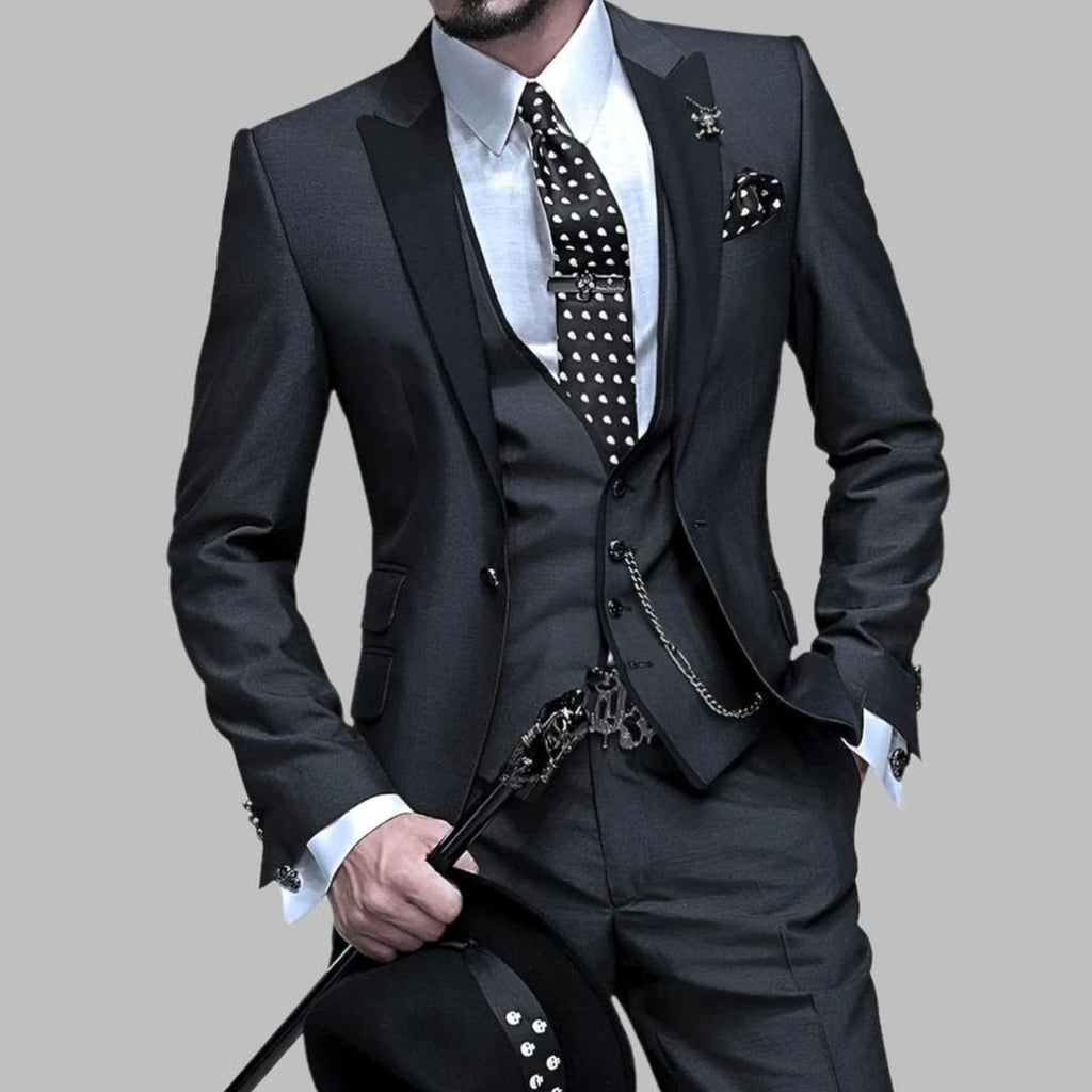 Men's Luxury Three-Piece Contrast-Lapel Formal Suit Set - Black