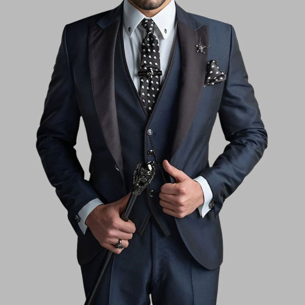 Men's Luxury Three-Piece Contrast-Lapel Formal Suit Set - Navy Blue