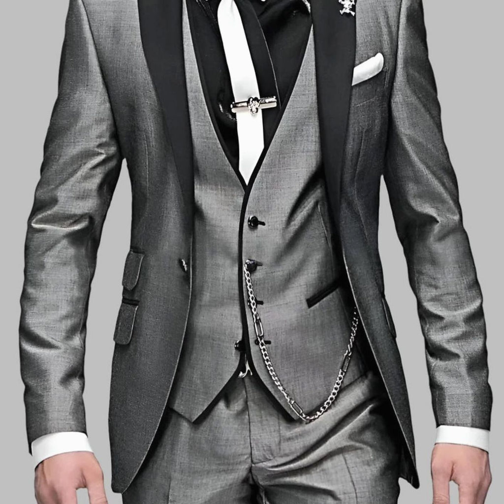 Men's Luxury Three-Piece Contrast-Lapel Formal Suit Set - Grey