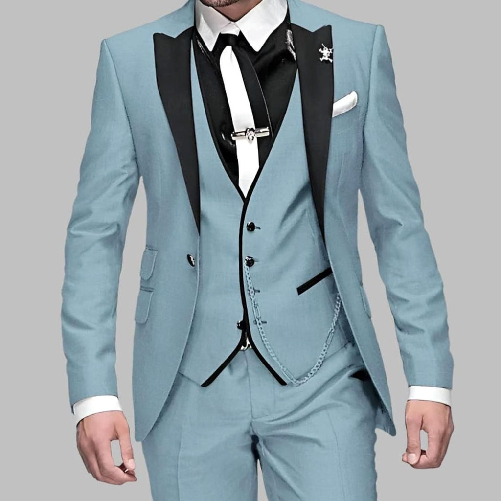 Men's Luxury Three-Piece Contrast-Lapel Formal Suit Set - Light Blue