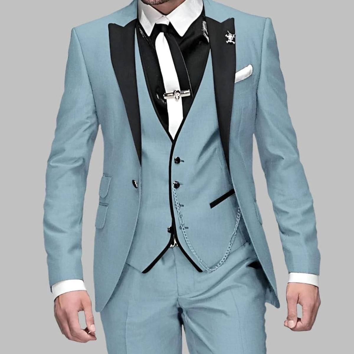 Men's Luxury Three-Piece Contrast-Lapel Formal Suit Set - Light Blue