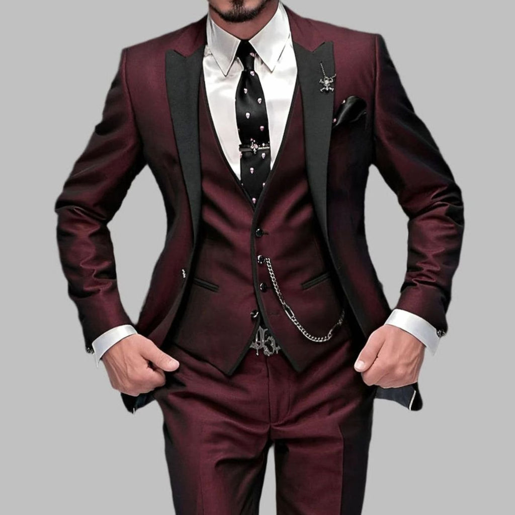 Men's Luxury Three-Piece Contrast-Lapel Formal Suit Set - Burgundy Red