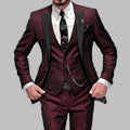 Men's Luxury Three-Piece Contrast-Lapel Formal Suit Set - Burgundy Red