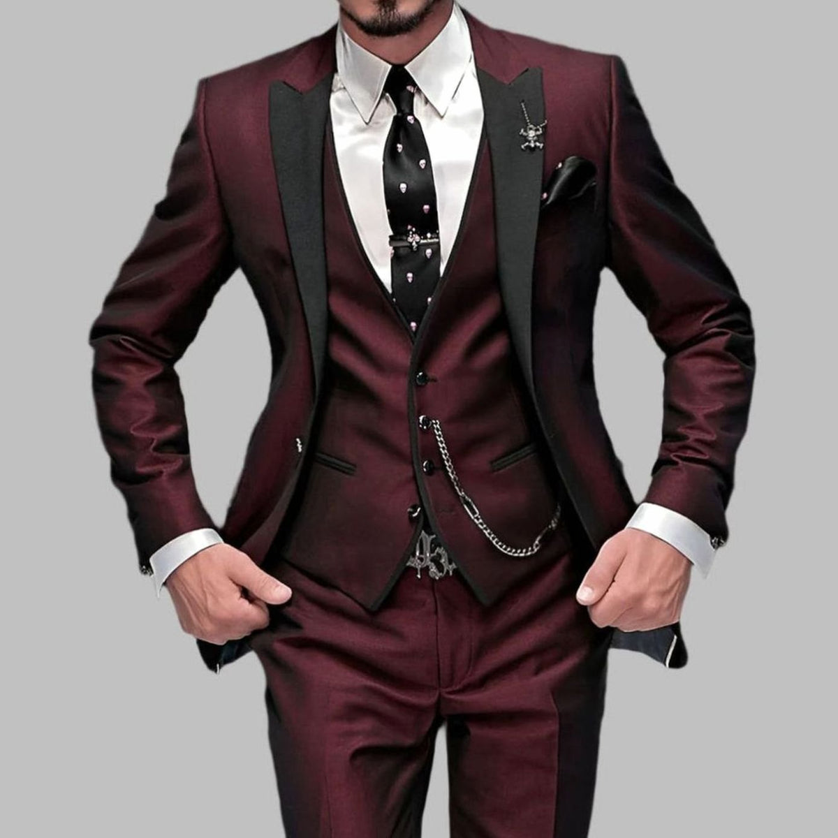 Men's Luxury Three-Piece Contrast-Lapel Formal Suit Set - Burgundy Red