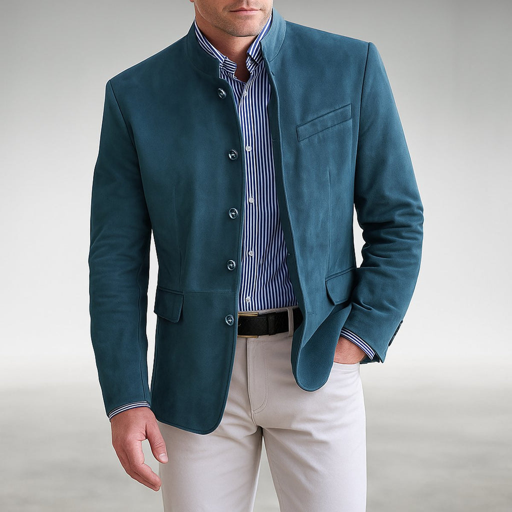 Men's Mandarin-Collar Button-Front Structured Blazer Jacket - Blue
