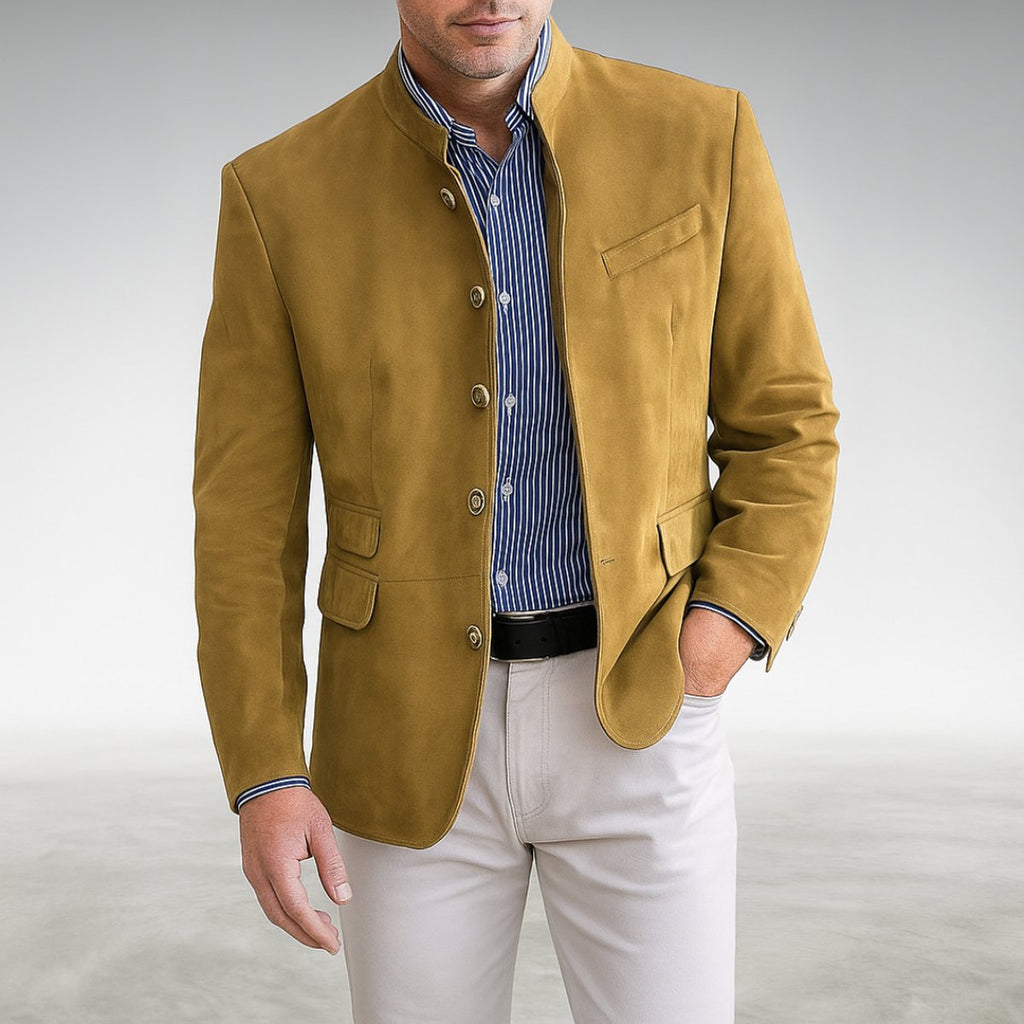Men's Mandarin-Collar Button-Front Structured Blazer Jacket - Yellow
