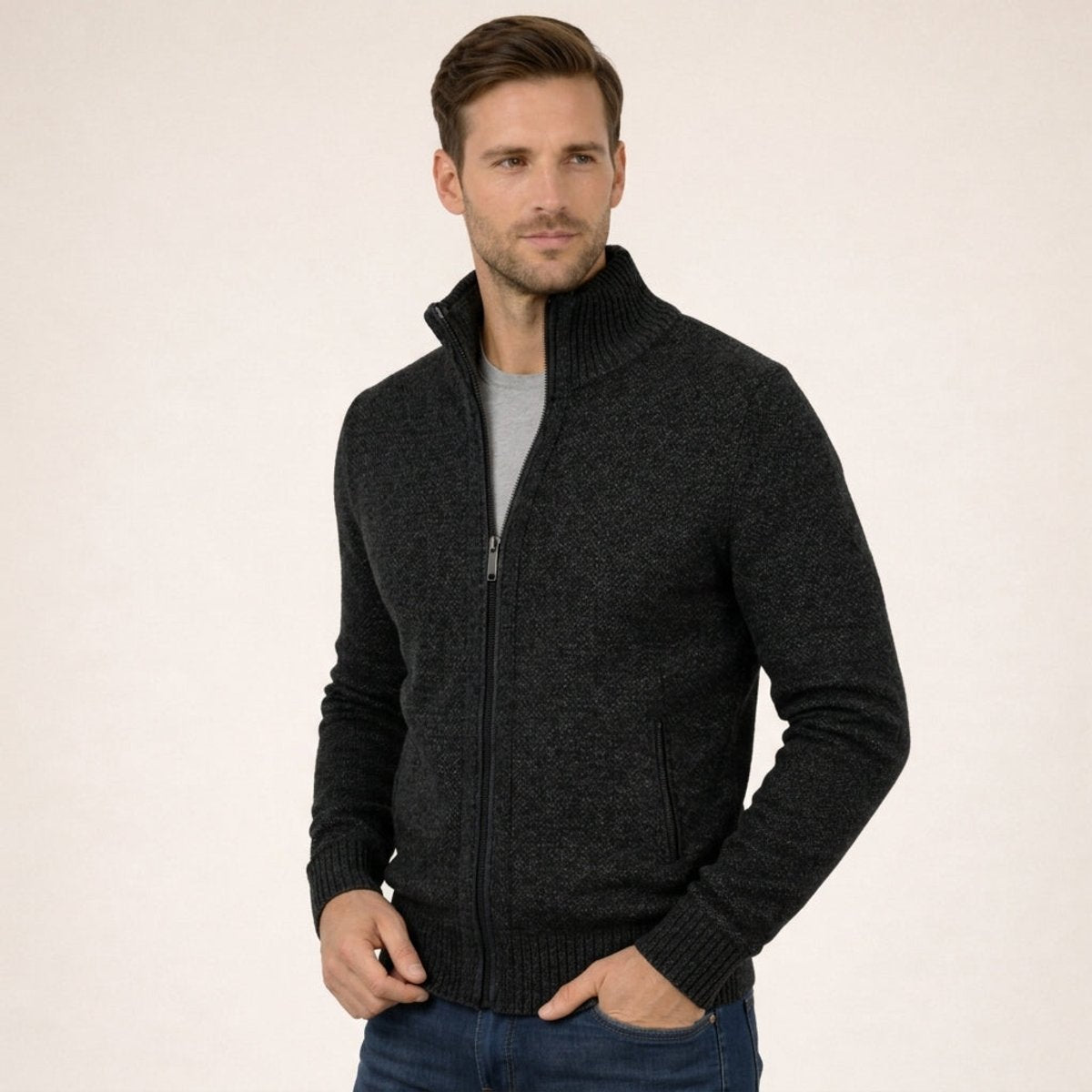 Men's Merino Wool Full-Zip Sweater - Black