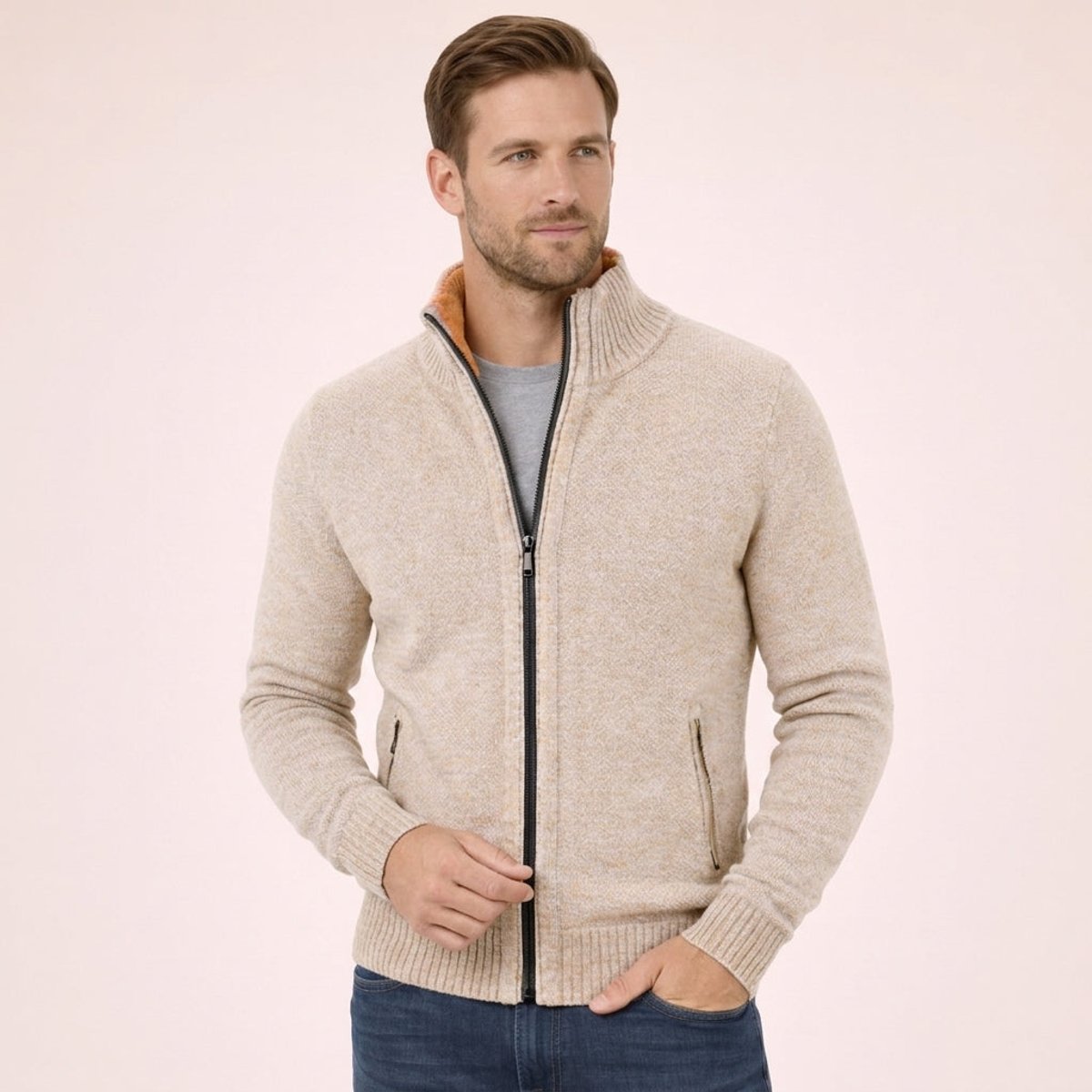 Men's Merino Wool Full-Zip Sweater - Cream