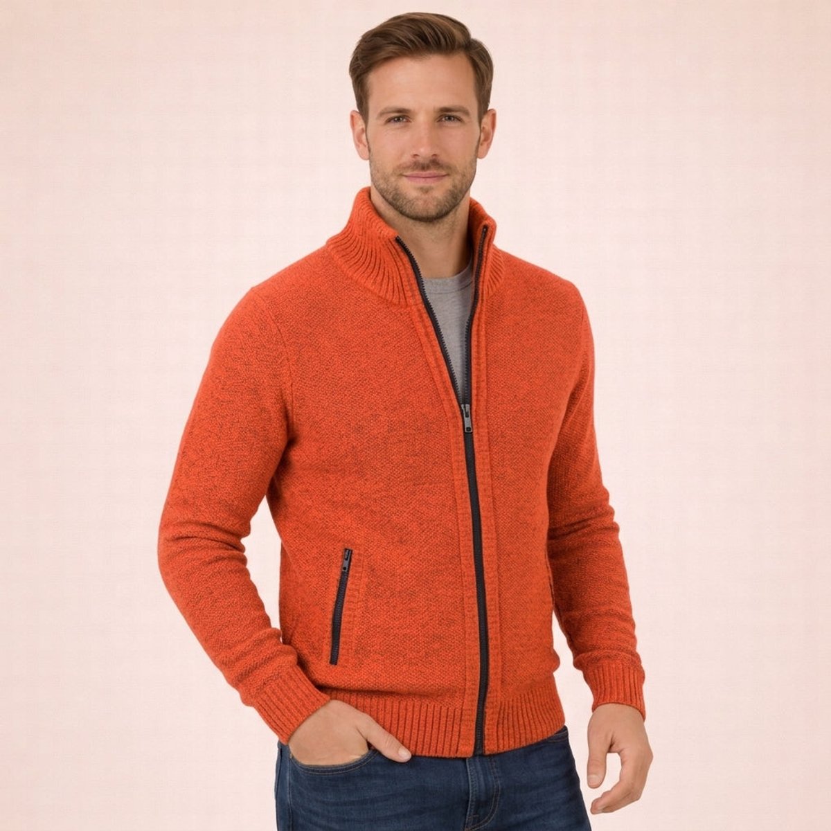 Men's Merino Wool Full-Zip Sweater - Orange