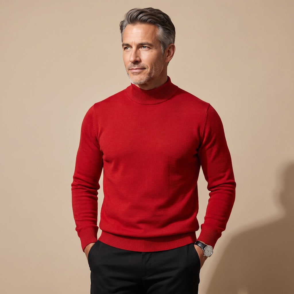 Men's Merino Wool Semi-Turtleneck Pullover Sweater - Red