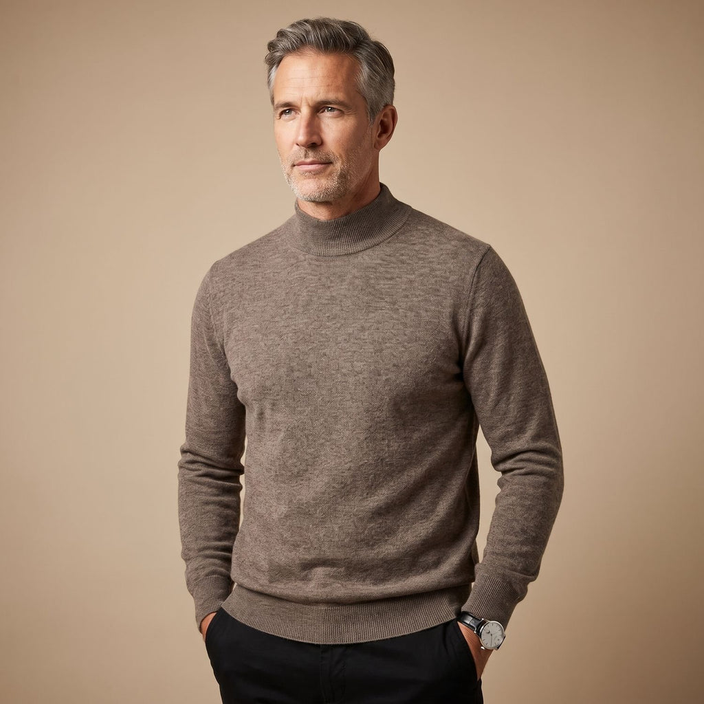 Men's Merino Wool Semi-Turtleneck Pullover Sweater - Brown