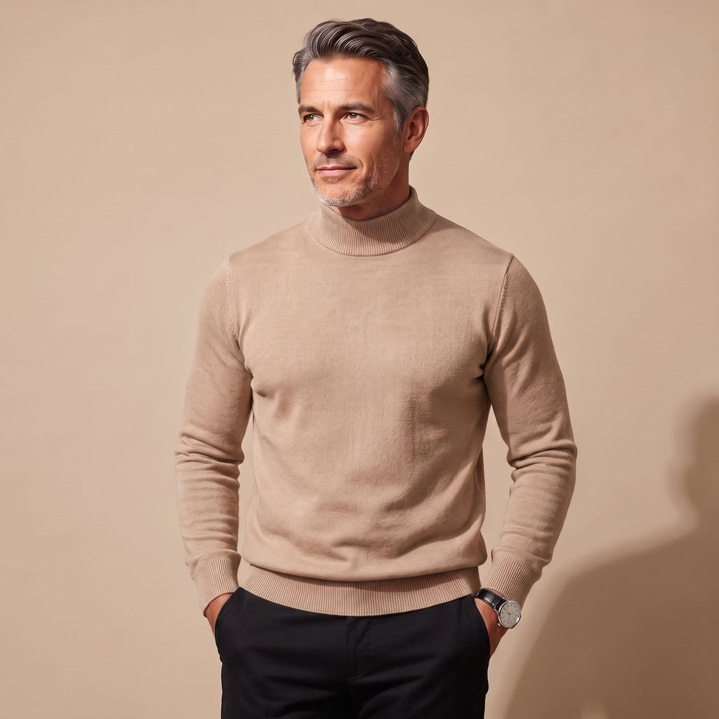 Men's Merino Wool Semi-Turtleneck Pullover Sweater - Camel