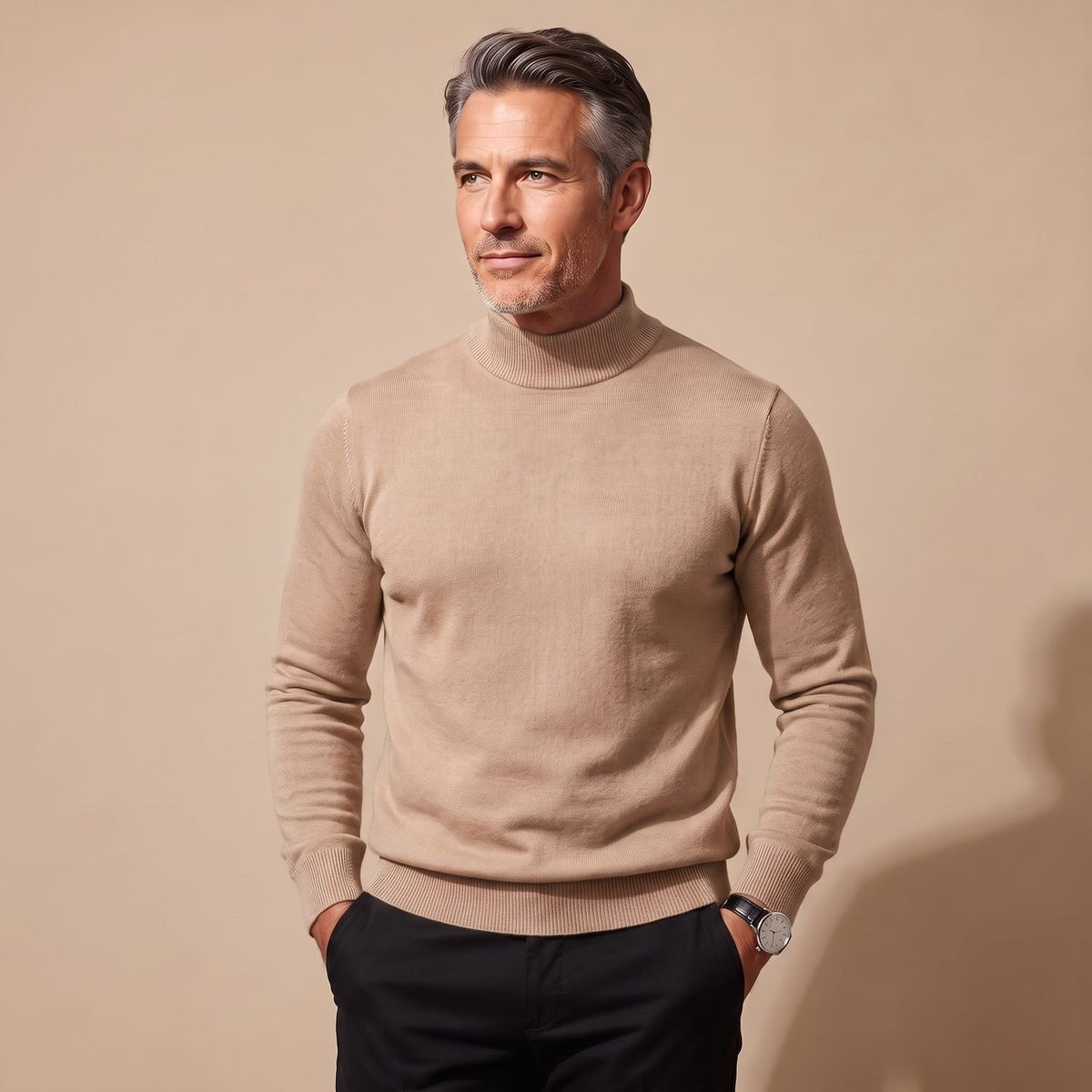 Men's Merino Wool Semi-Turtleneck Pullover Sweater - Camel