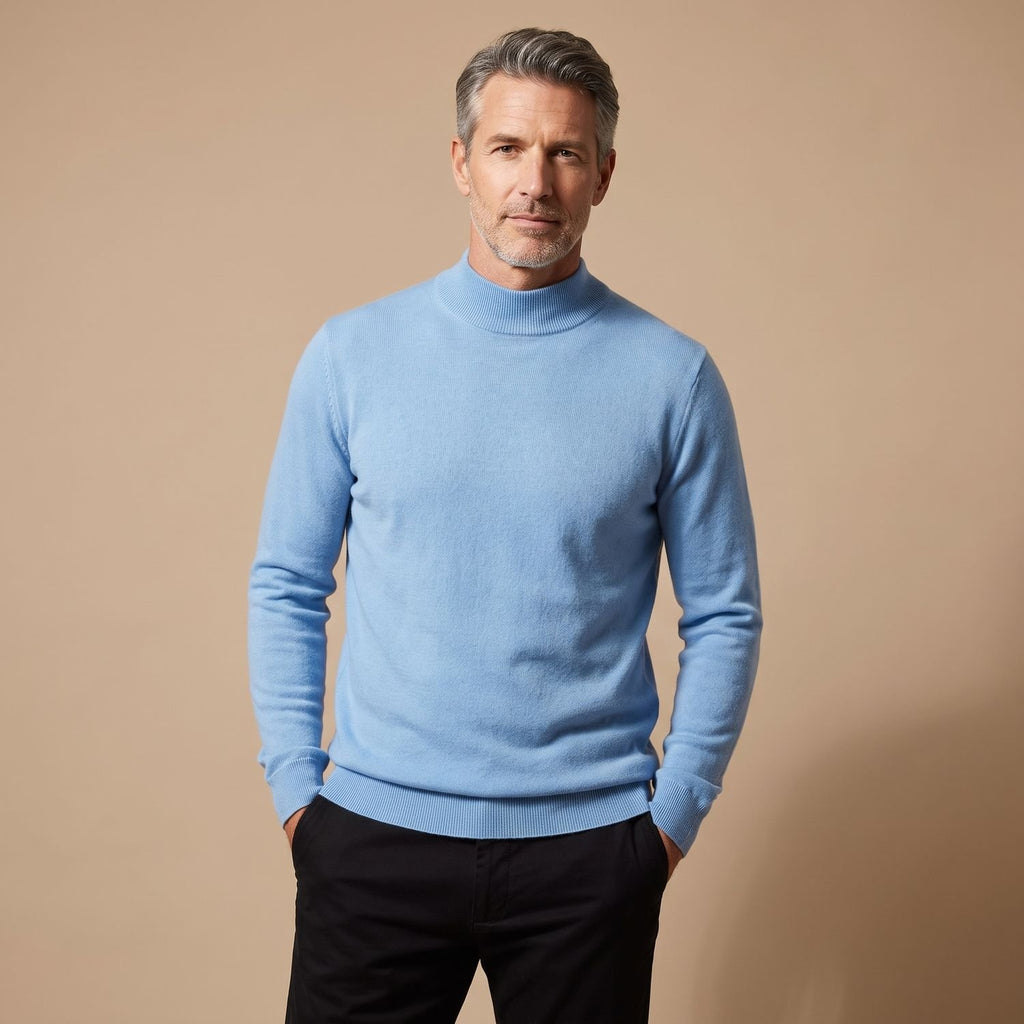 Men's Merino Wool Semi-Turtleneck Pullover Sweater - Sky Blue