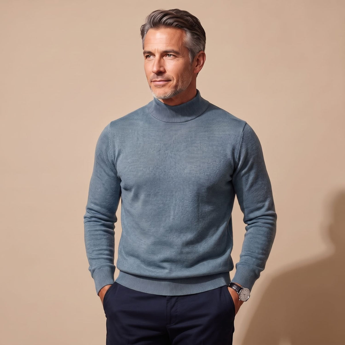 Men's Merino Wool Semi-Turtleneck Pullover Sweater - Gray Green