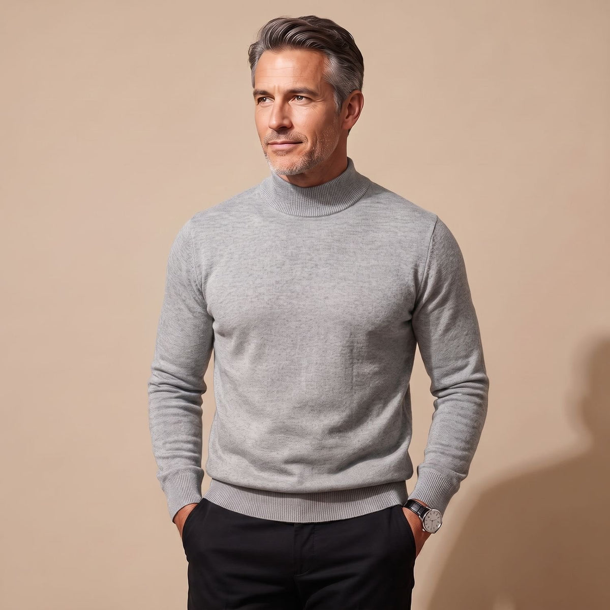Men's Merino Wool Semi-Turtleneck Pullover Sweater - Light Gray