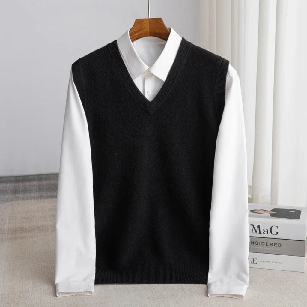 Men's Merino Wool V-Neck Sleeveless Sweater Vest - Black