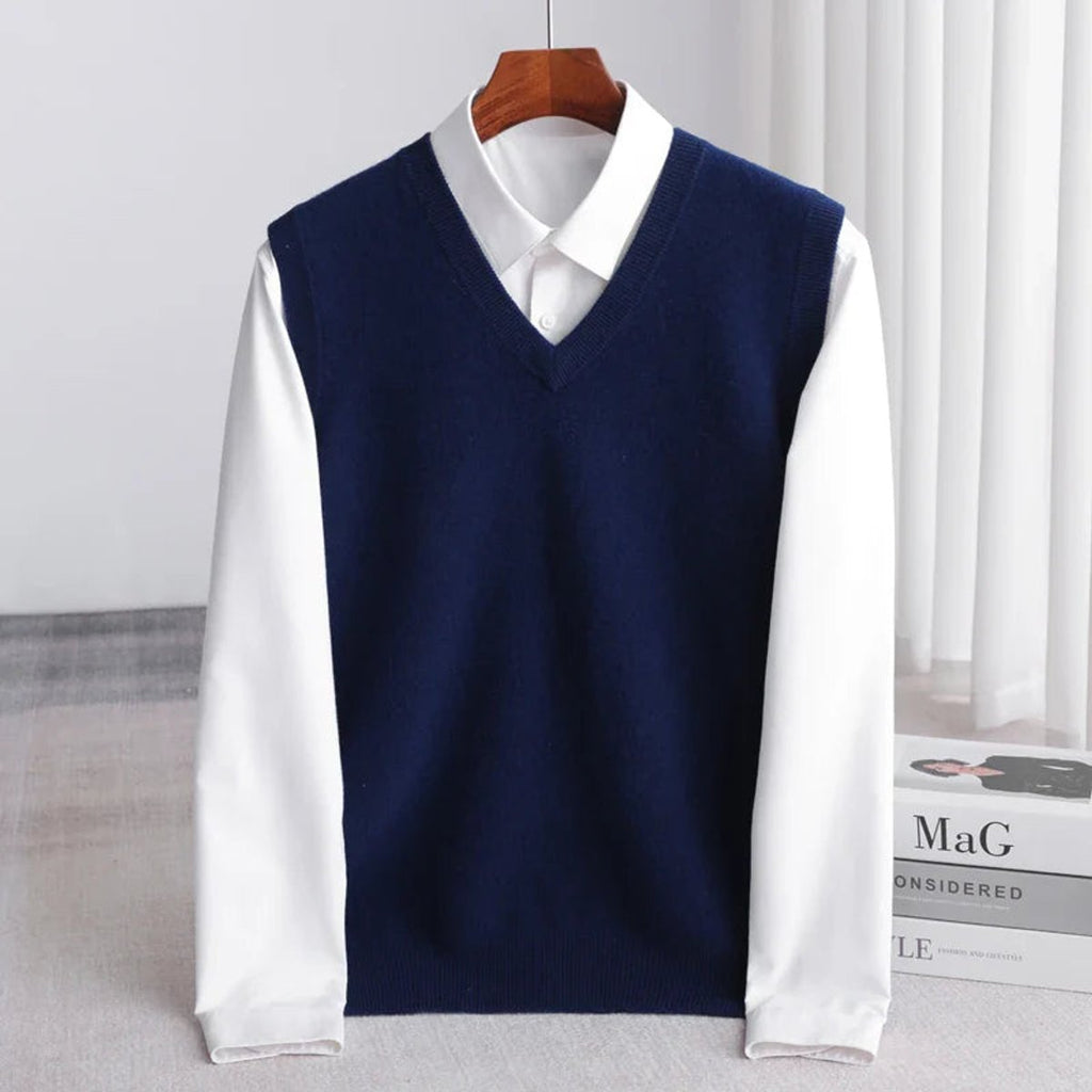 Men's Merino Wool V-Neck Sleeveless Sweater Vest - Navy Blue