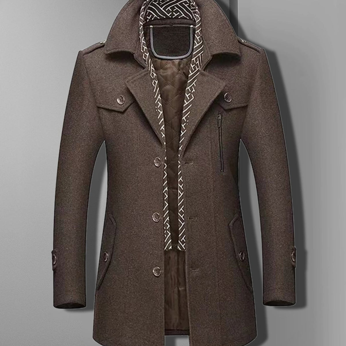 Men's Military-Inspired Double-Breasted Wool-Blend Style Overcoat - Brown