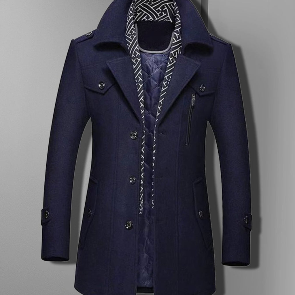 Men's Military-Inspired Double-Breasted Wool-Blend Style Overcoat - Blue