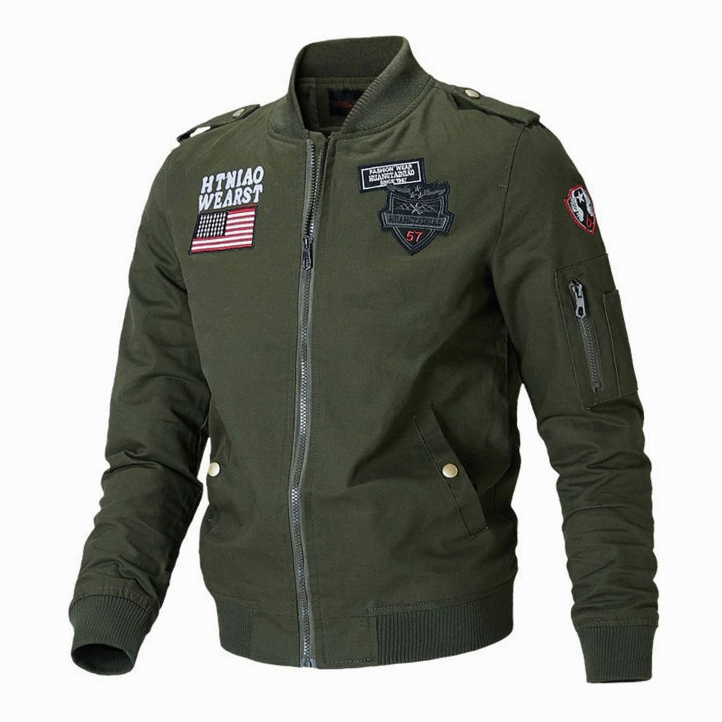 Men's Military Patch Full-Zip Bomber Jacket Ribbed Cuffs