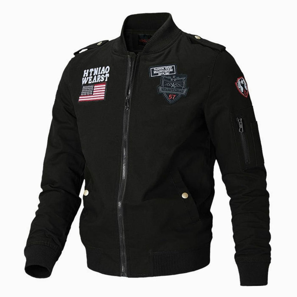 Men's Military Patch Full-Zip Bomber Jacket Ribbed Cuffs