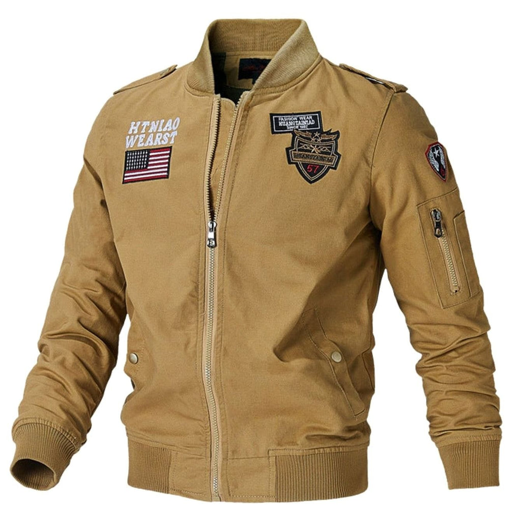 Men's Military Patch Full-Zip Bomber Jacket Ribbed Cuffs