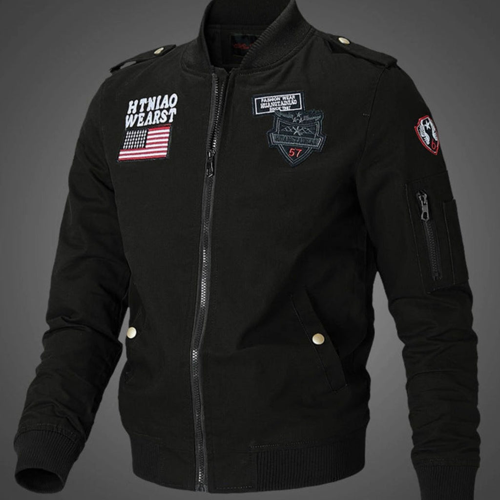 Men's Military Patch Full-Zip Bomber Jacket Ribbed Cuffs - Black