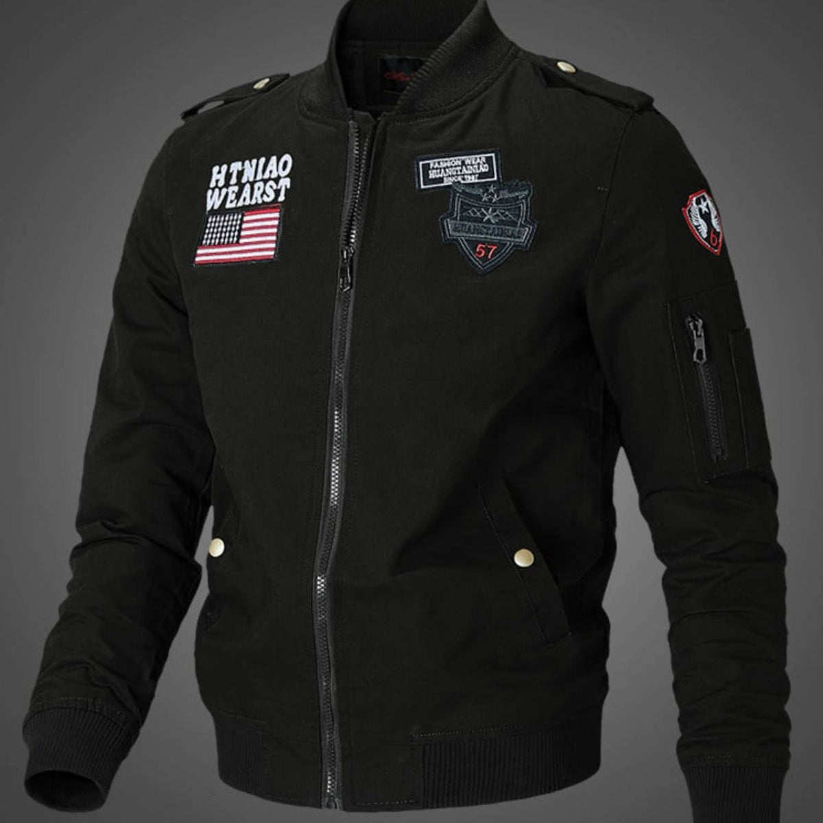 Men's Military Patch Full-Zip Bomber Jacket Ribbed Cuffs - Black