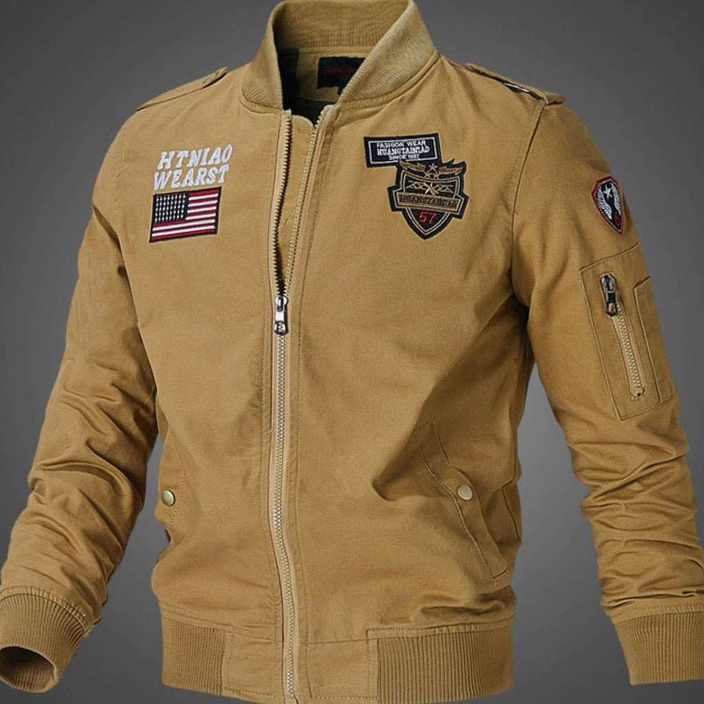 Men's Military Patch Full-Zip Bomber Jacket Ribbed Cuffs - Dark Khaki