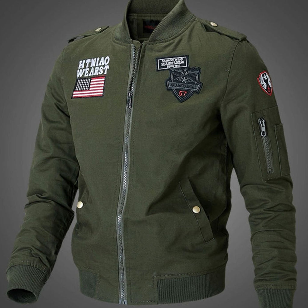 Men's Military Patch Full-Zip Bomber Jacket Ribbed Cuffs - Dark Green