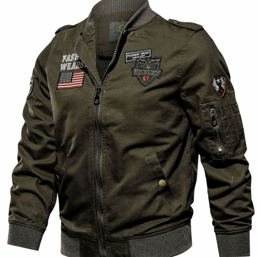 Men's Military-Patch Zip-Up Bomber Jacket - Green