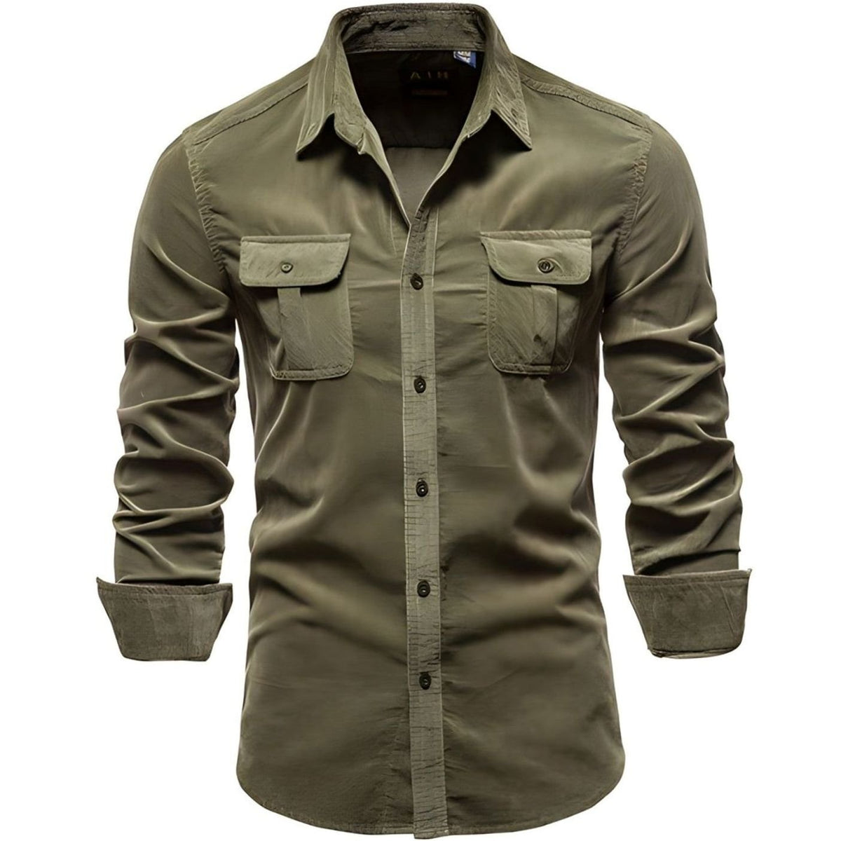 Men's Military-Style Dual-Pocket Long Sleeve Shirt - Army Green