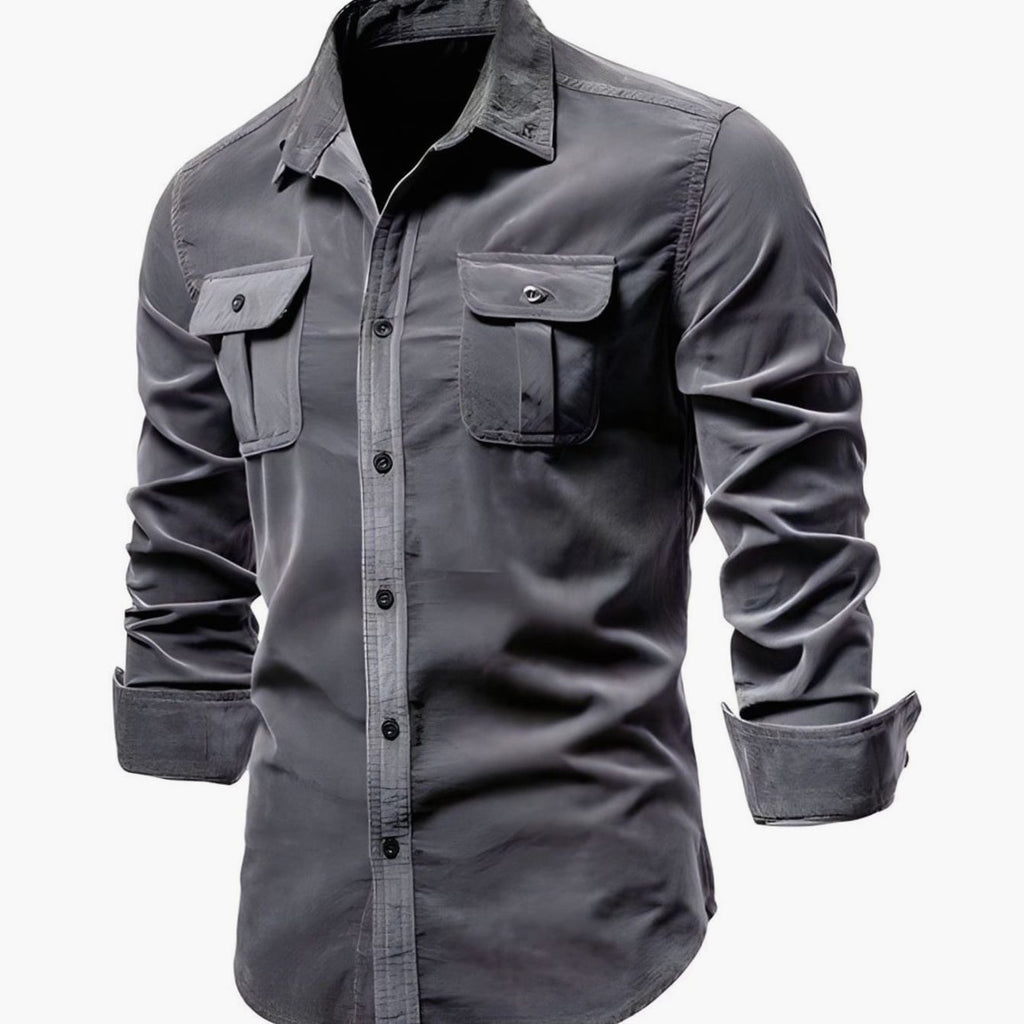 Men's Military-Style Dual-Pocket Long Sleeve Shirt - Dark Grey