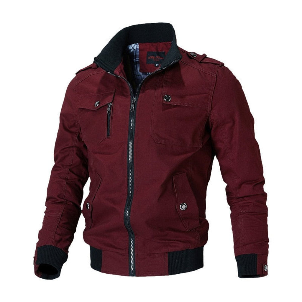 Men's Military-Style Zip-Up Bomber Jacket Ribbed Cuffs - Red
