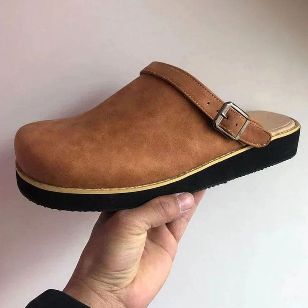 Men's Orthopedic Buckle Leather Slip on Clogs