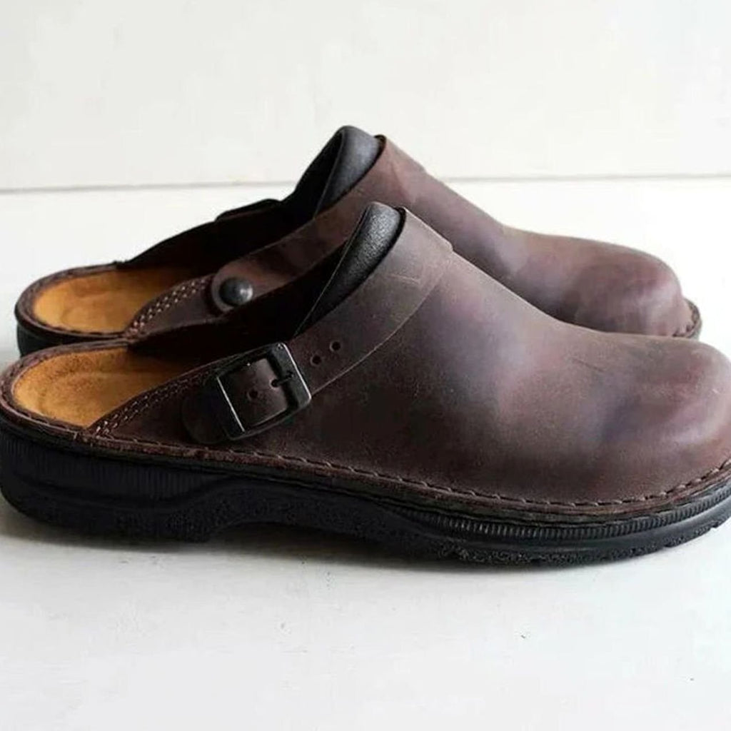 Men's Orthopedic Buckle Leather Slip on Clogs - Brown