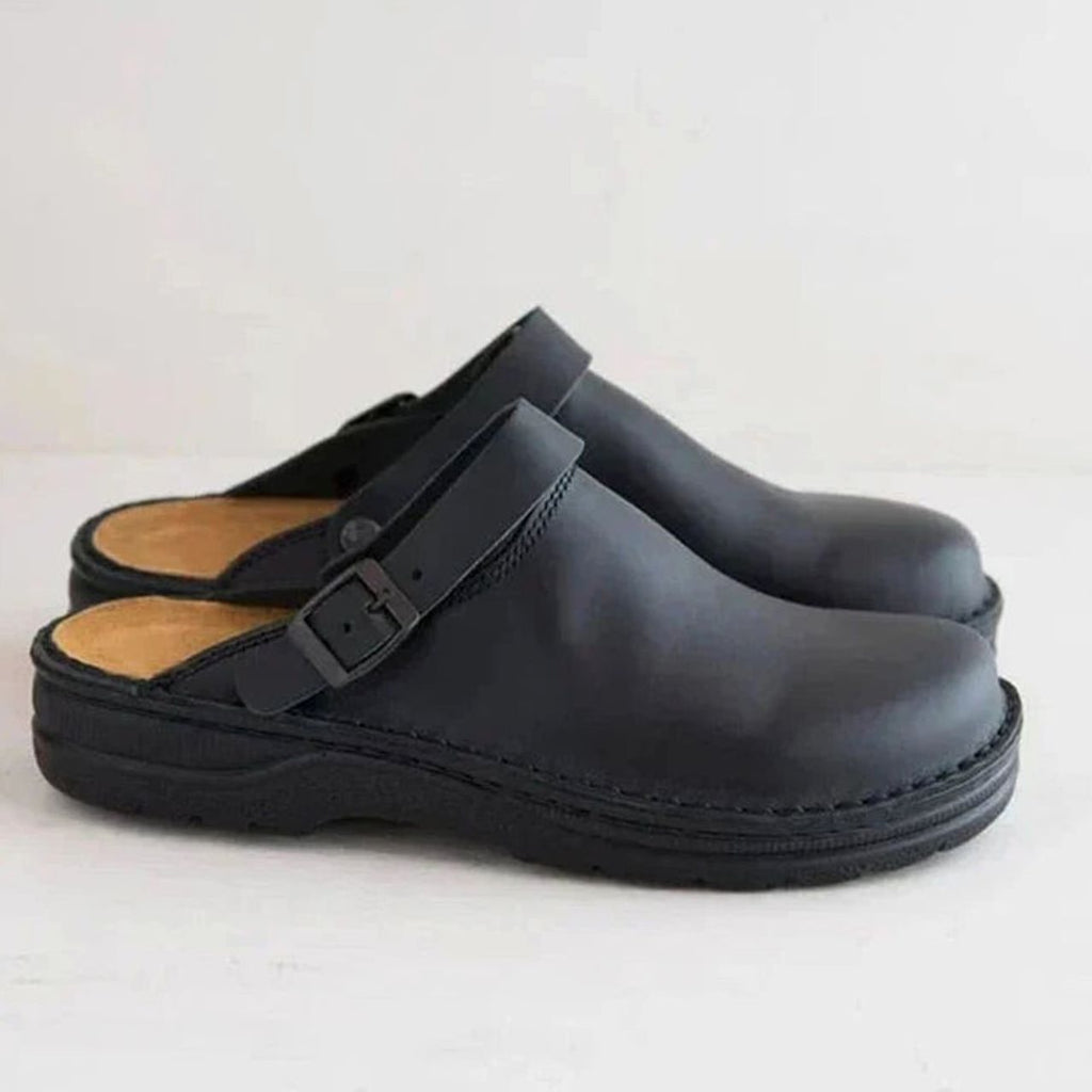Men's Orthopedic Buckle Leather Slip on Clogs - Black