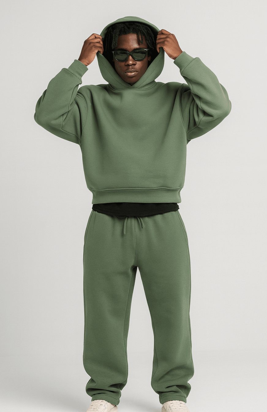 Men's Oversized Fleece Hoodie Jogger Tracksuit Set - Army Green